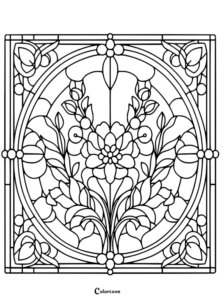 A free printable floral pattern coloring page featuring a symmetrical flower design inside an oval stained glass frame.