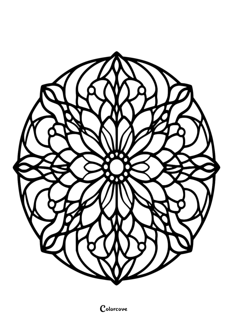 A circular floral pattern coloring page featuring symmetrical petal designs and a central dot motif.