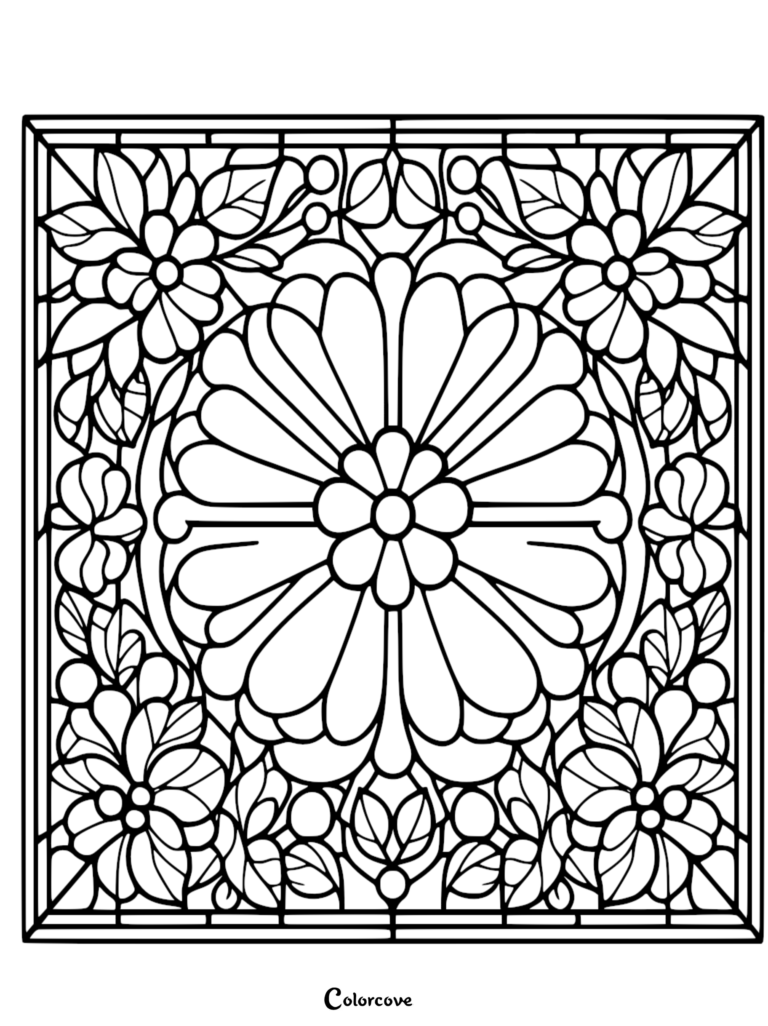A printable floral pattern coloring page featuring a large central daisy surrounded by intricate leaves and smaller blossoms in a square frame.