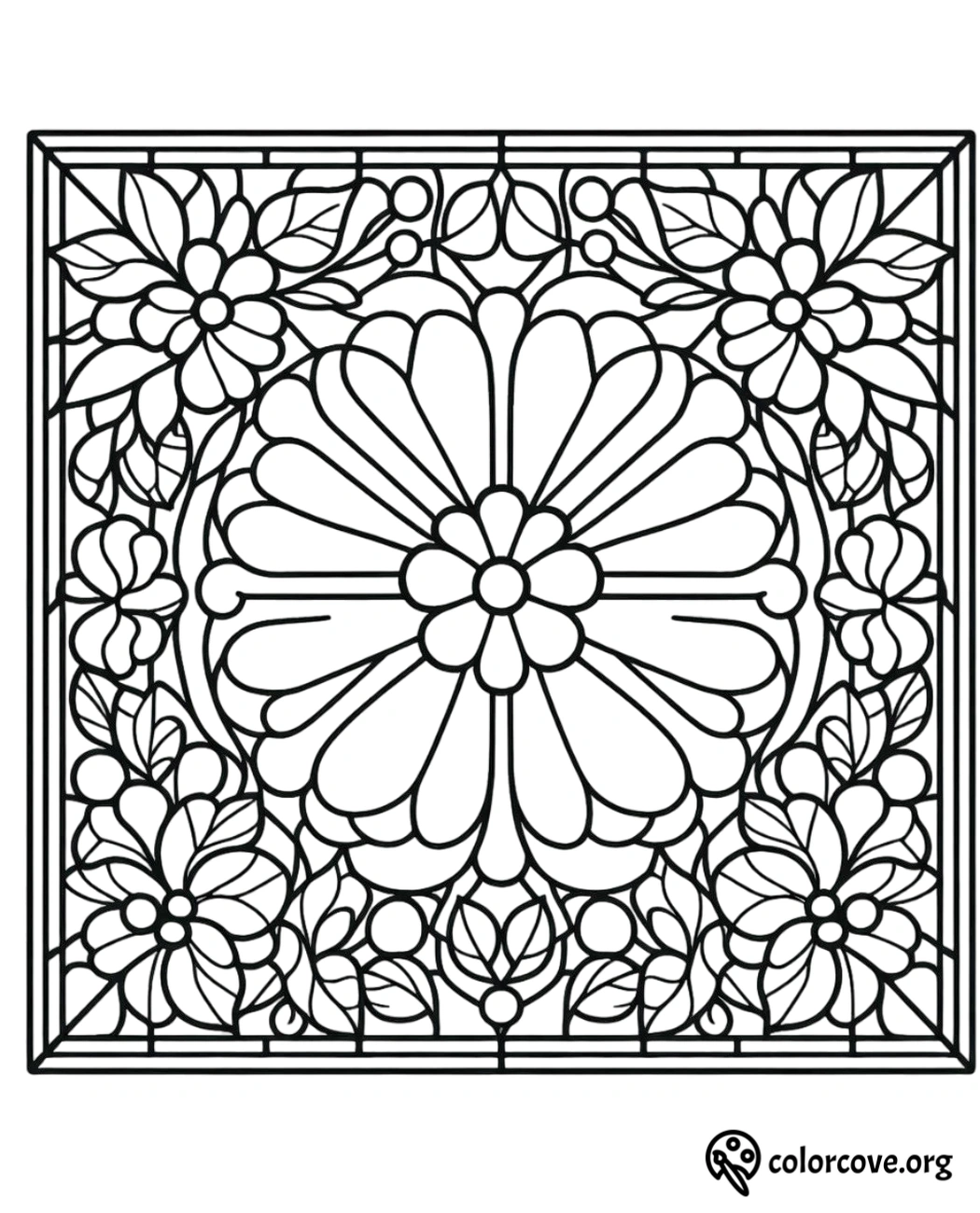 a black and white square with flowers and leaves