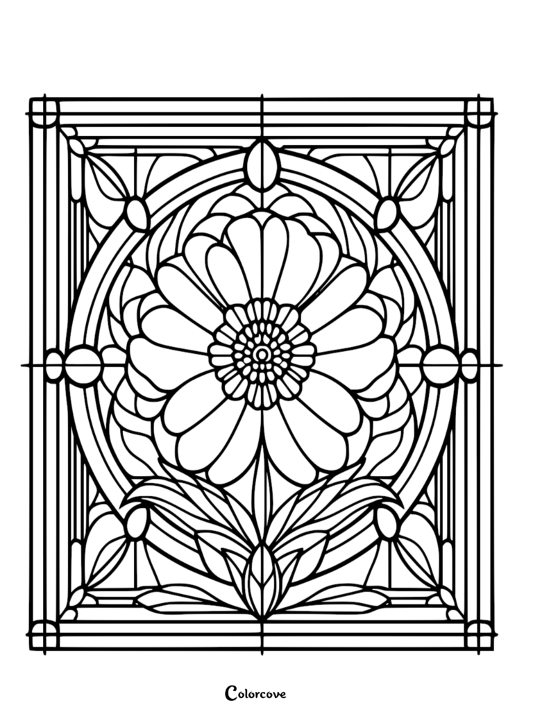 A printable floral pattern coloring page featuring a large central flower framed within a geometric stained glass style border.