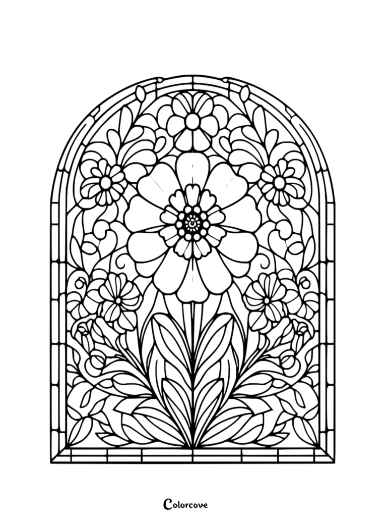 Floral pattern coloring page featuring a stained glass window design with a large central flower and surrounding leaves.
