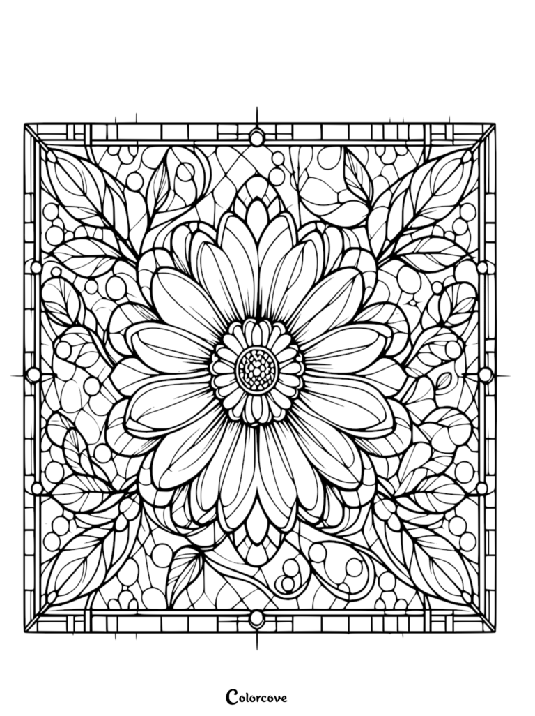 A printable floral pattern coloring page featuring a large central daisy surrounded by intricate leaves and geometric stained glass borders.