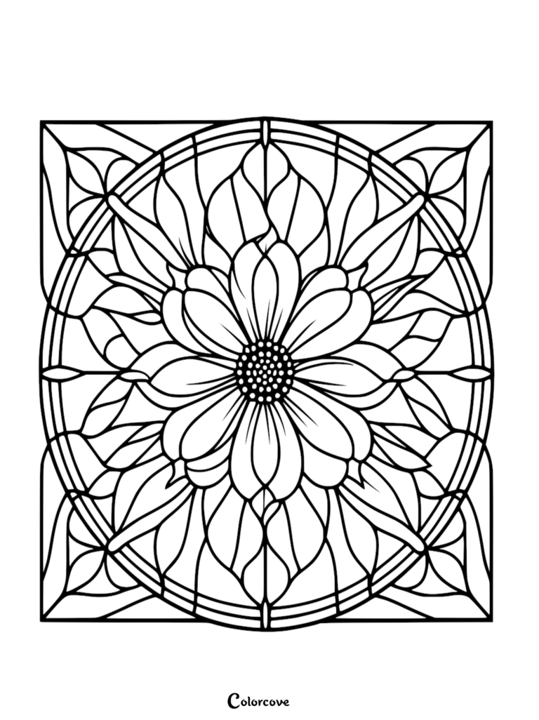 A printable floral pattern coloring page featuring a central daisy-like flower enclosed in a geometric circular and square frame.