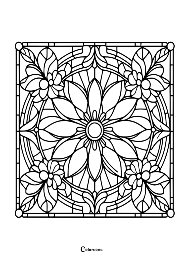 A printable floral pattern coloring page featuring a large central flower surrounded by four corner blossoms in a stained glass style frame.