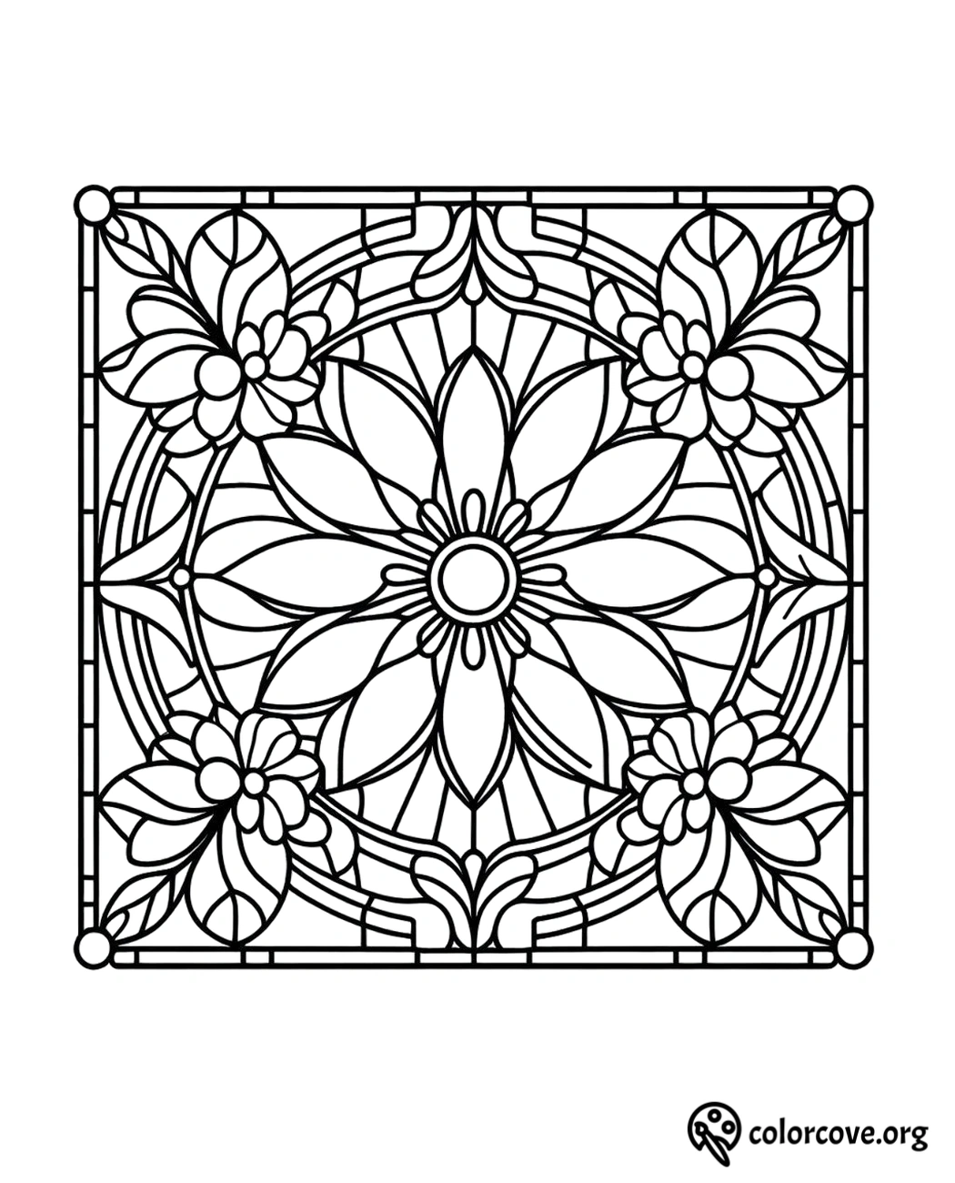 a black and white square with a flower and leaves pattern