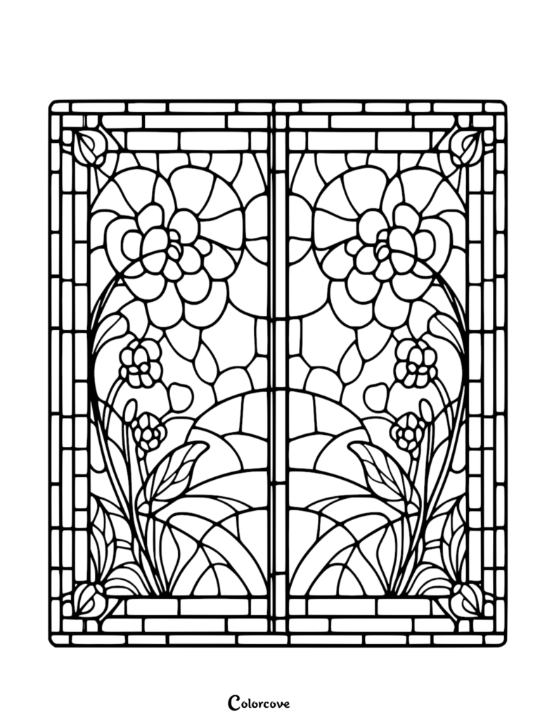Stained glass style floral pattern coloring page featuring symmetrical blooming flowers and leaves in a rectangular frame.