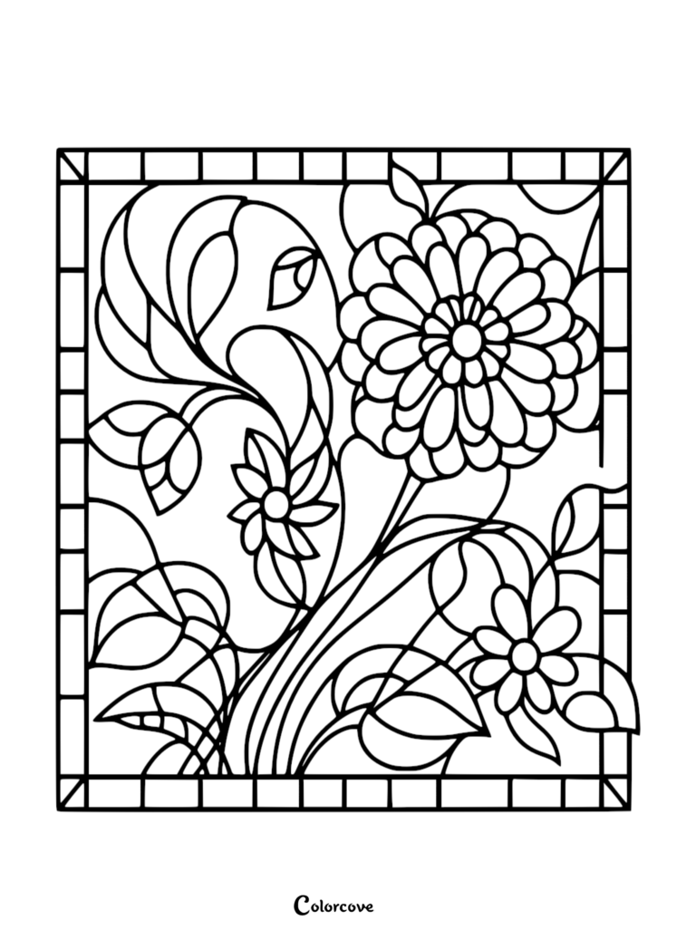 Stained glass style floral pattern coloring page featuring a large central chrysanthemum and smaller blossoms with swirling leaves inside a grid border.