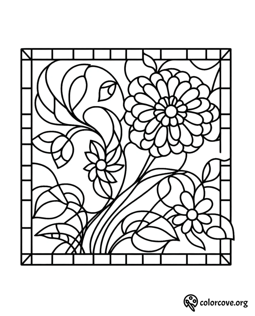 a black and white drawing of flowers and leaves