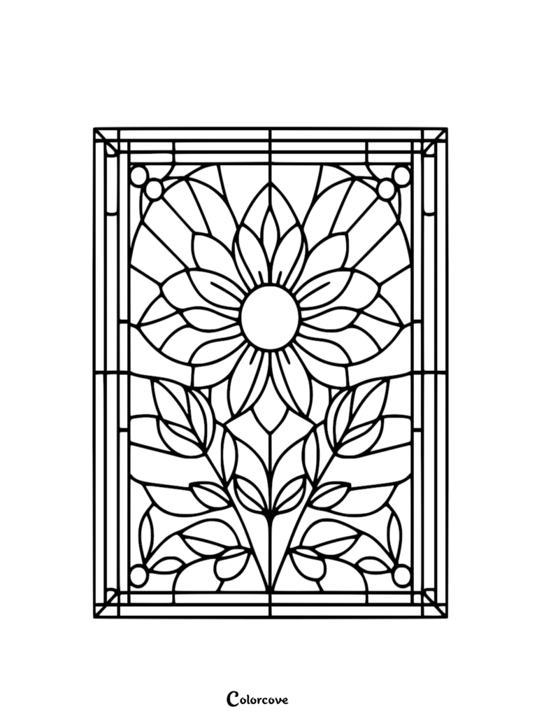 Stained glass style floral pattern coloring page featuring a central sunflower design framed by geometric borders.