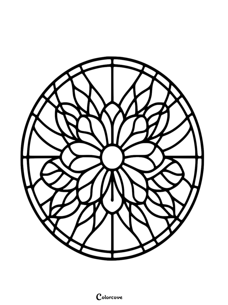 A circular floral pattern coloring page featuring a symmetrical flower design enclosed in a stained glass style frame.