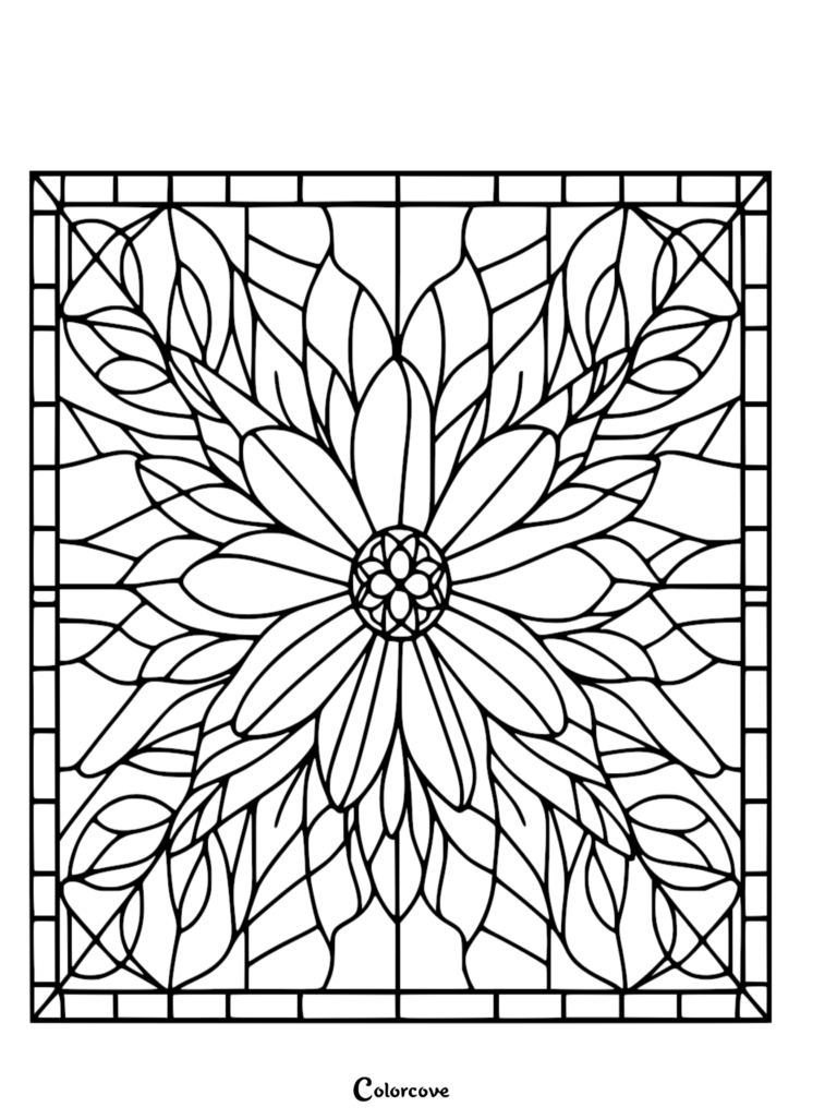 Floral pattern coloring page featuring a symmetrical flower design inside a stained glass window frame.