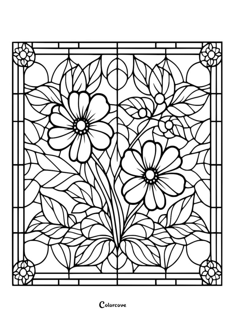 Stained glass style floral pattern coloring page featuring two large blossoms surrounded by lush leaves and geometric border accents.