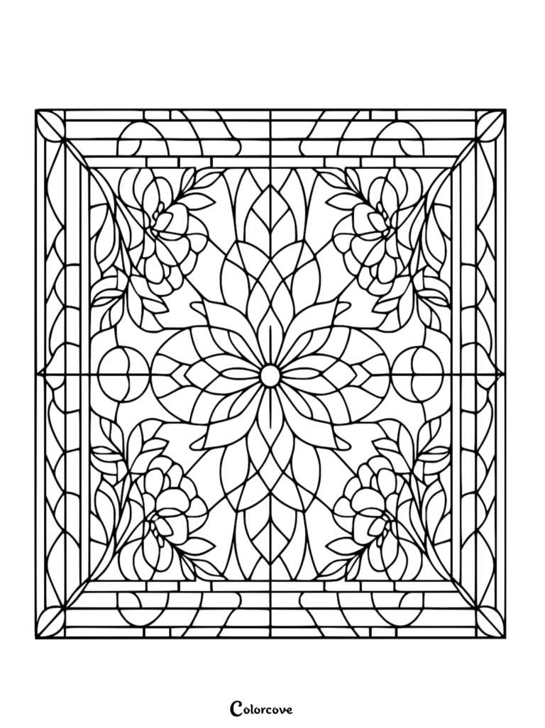 A printable floral pattern coloring page featuring a symmetrical stained glass style design with central blossoms and leafy borders.