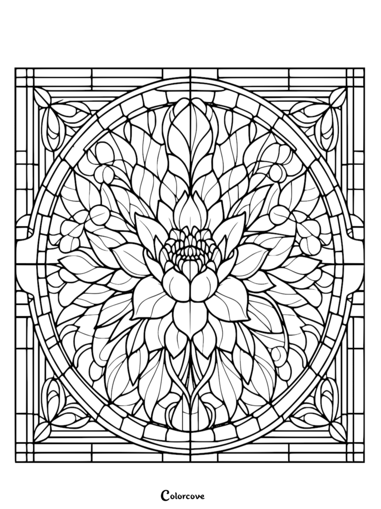 Intricate floral pattern coloring page featuring a central blooming flower inside a geometric stained glass frame.