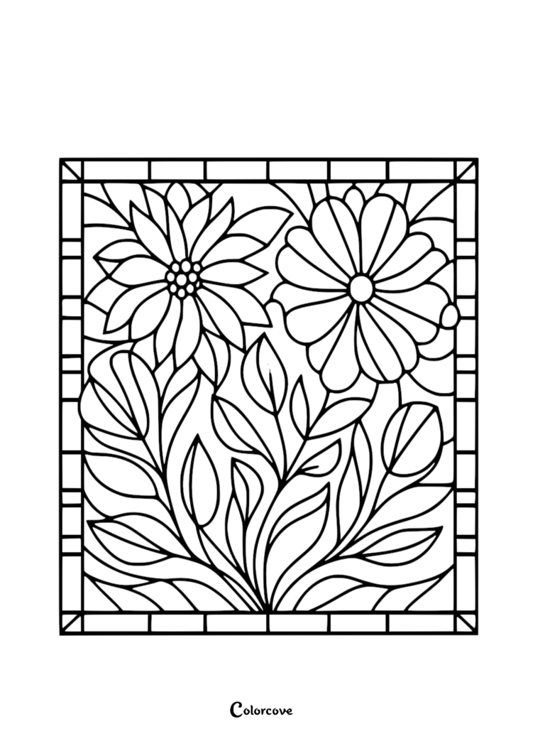 A printable floral pattern coloring page featuring two large stylized flowers with leaves inside a rectangular stained glass style border.