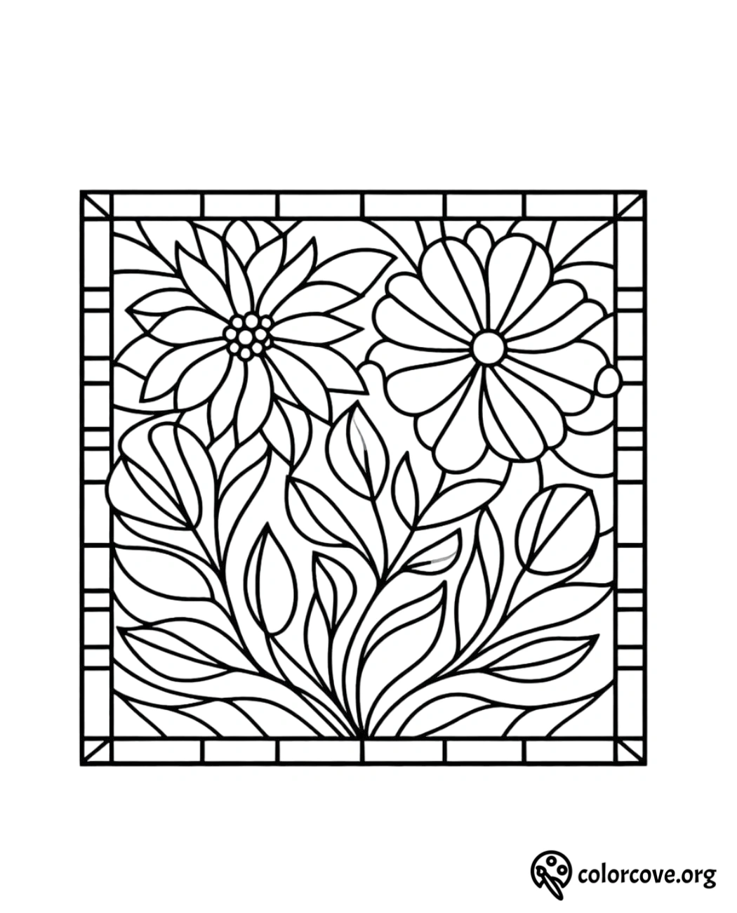 a black and white drawing of flowers and leaves