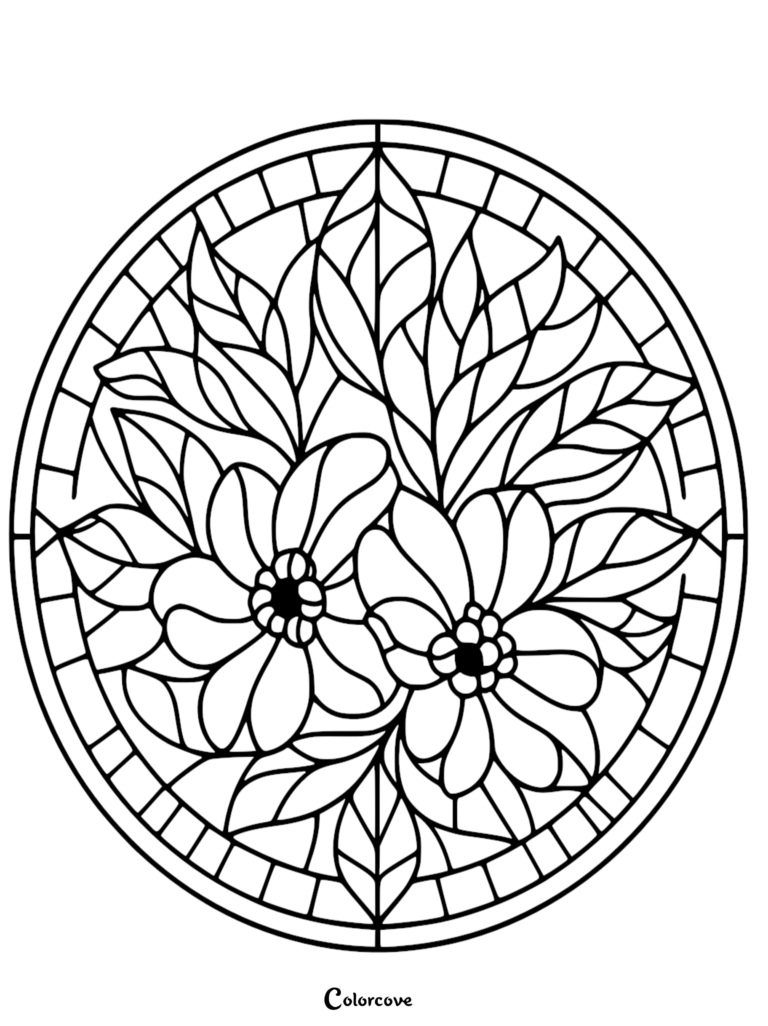 Stained glass style floral pattern coloring page featuring two large blossoms surrounded by lush leaves inside a circular frame.