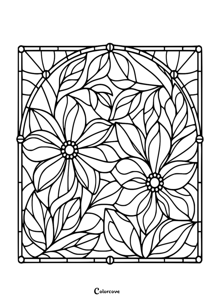 Stained glass style floral pattern coloring page featuring two large blossoms surrounded by lush leaves within an arched frame.