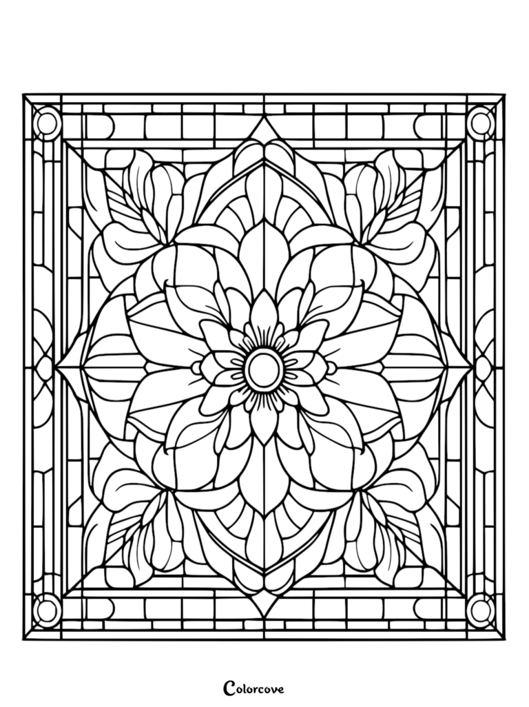 A printable floral pattern coloring page featuring a symmetrical mandala-style flower design enclosed within a geometric stained glass window frame.