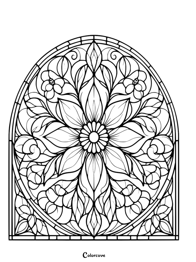 Stained glass style floral pattern coloring page featuring a large central flower surrounded by intricate leaves and arched borders.