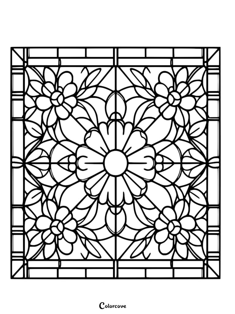 A printable floral pattern coloring page featuring a symmetrical stained glass design with a central flower and four corner blossoms.