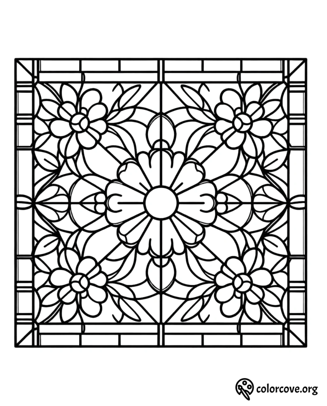 a black and white drawing of a square with flowers