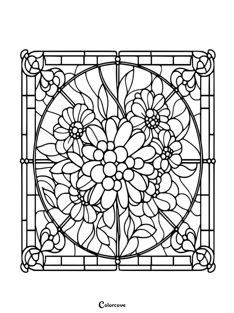 A printable floral pattern coloring page featuring a bouquet of flowers inside a circular stained glass window frame.