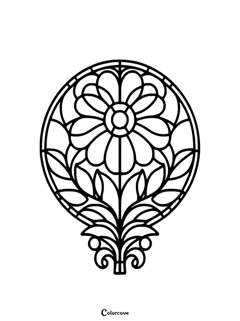 A circular stained glass style floral pattern coloring page featuring a central daisy-like flower with symmetrical leaves and decorative base elements.