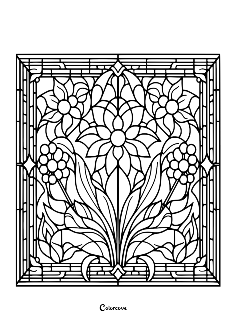 Stained glass style floral pattern coloring page featuring symmetrical flowers and leaves in a rectangular frame.