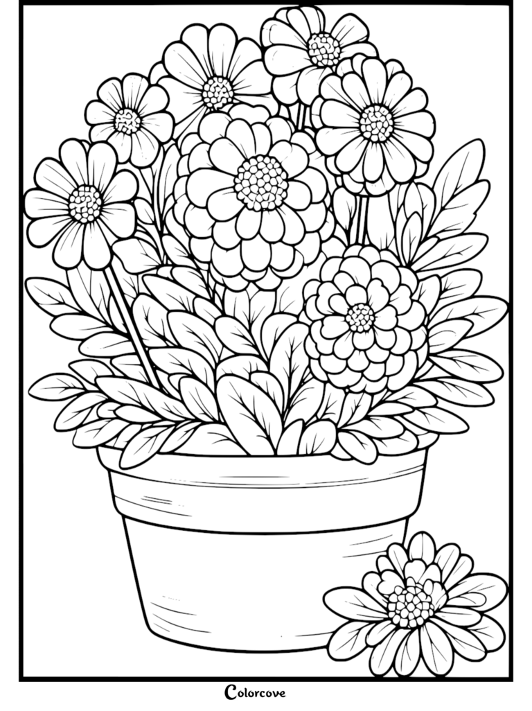 Une page de coloriage de fleur détaillée représentant un arrangement en pot de marguerites écloses et de zinnias avec une fleur posée à côté du pot.