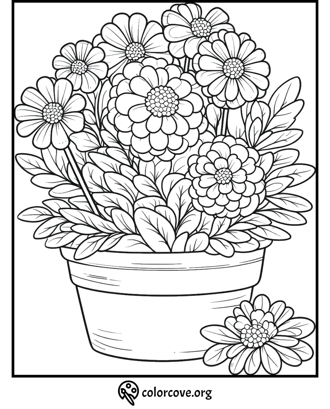 Coloring page of a potted flower arrangement with daisies and leaves, ideal for kids and adults to express creativity.