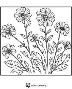 Hand-drawn floral coloring page featuring blooming flowers and leaves, perfect for creative coloring enthusiasts.