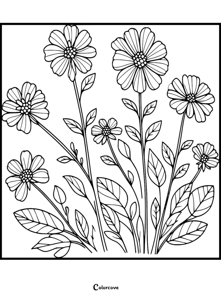 Une page de coloriage au trait noir et blanc représentant un groupe de fleurs écloses avec des pétales et des feuilles détaillés.