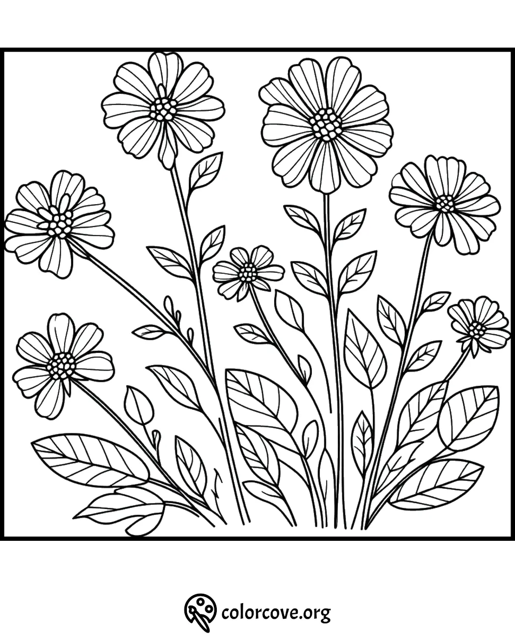 Hand-drawn floral coloring page featuring blooming flowers and leaves, perfect for creative coloring enthusiasts.