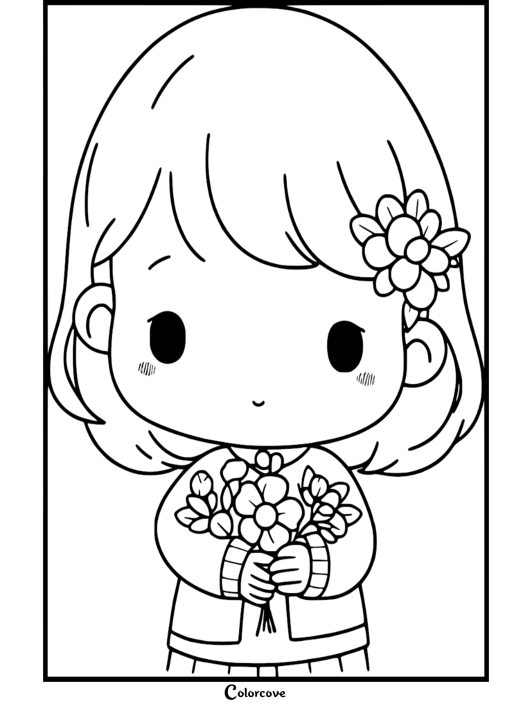 Une mignonne fille chibi avec une fleur dans les cheveux tenant un bouquet, présentée dans une page de coloriage de fleurs relaxante.