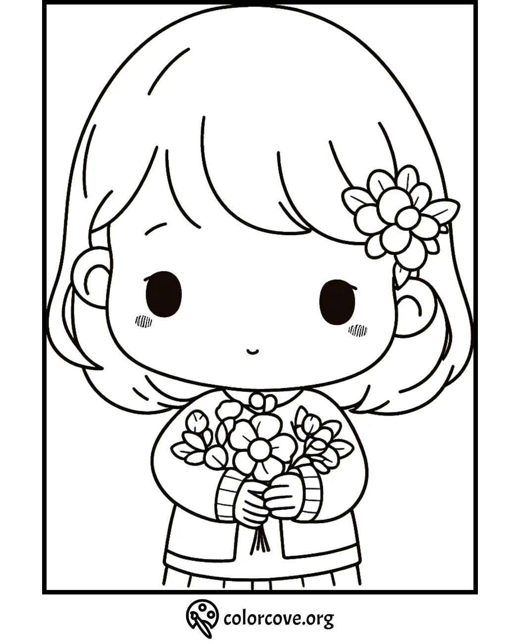 Cute kawaii girl holding a bouquet of flowers coloring page from ColorCove.org. Perfect for kids' coloring fun!