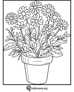 Coloring page of a potted plant with blooming flowers and leaves for adults and kids. Perfect for relaxing and creative coloring.