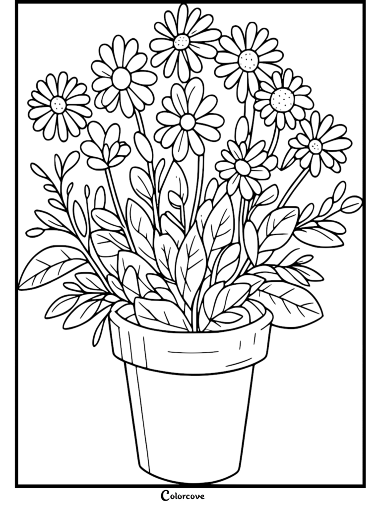 Un bouquet de marguerites dans un pot simple, présenté dans une page de coloriage de fleur gratuite à imprimer.