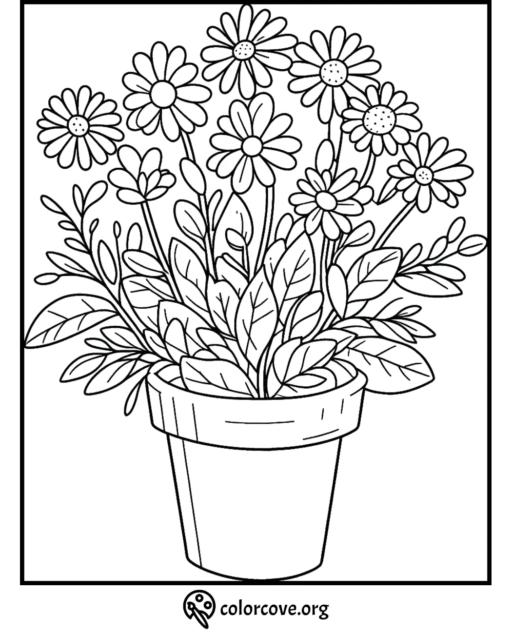 Coloring page of a potted plant with blooming flowers and leaves for adults and kids. Perfect for relaxing and creative coloring.