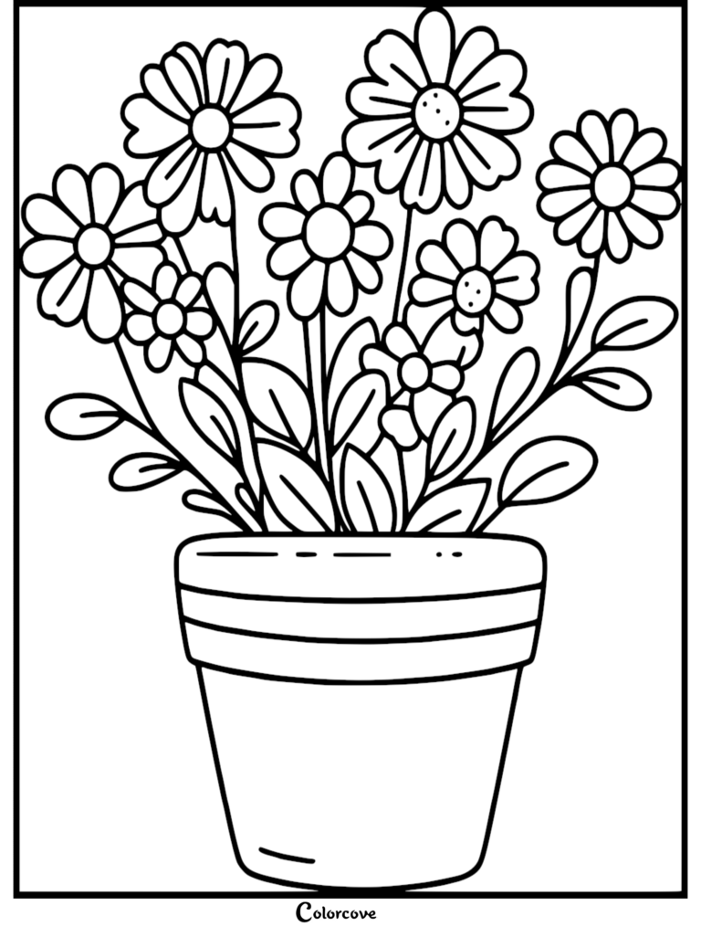 Une page de coloriage de fleur à imprimer représentant un bouquet de marguerites dans un pot en céramique simple.