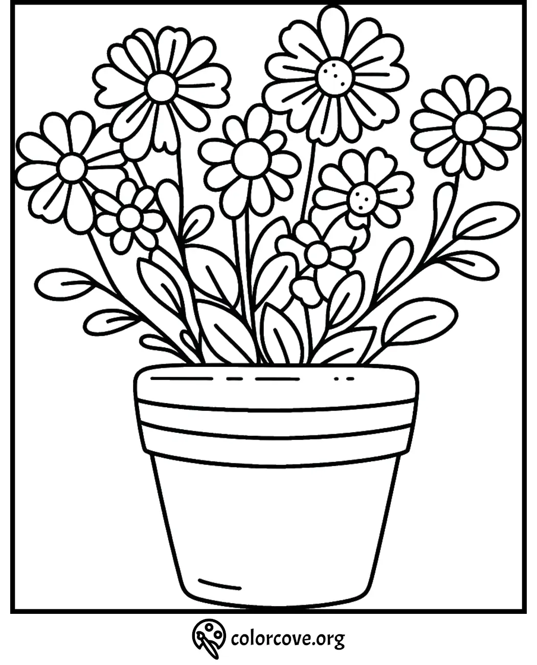 Coloring page of a potted plant with blooming flowers, ready to be colored. Visit colorcove.org for more coloring pages.