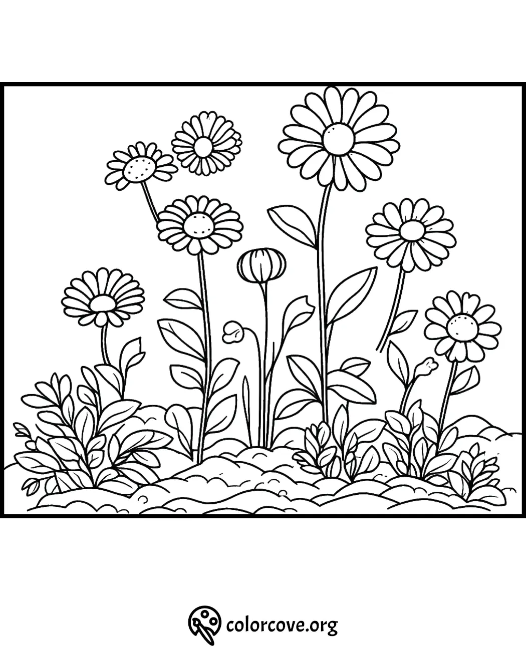 Coloring page with blooming daisies and leaves in a garden. Perfect for kids and adults to enjoy and color.