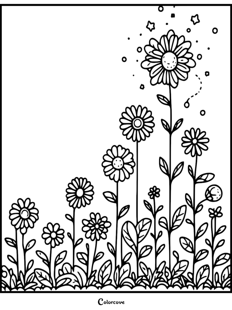 Coloriage de fleur relaxant représentant un champ de marguerites avec des étoiles scintillantes et des particules flottantes.