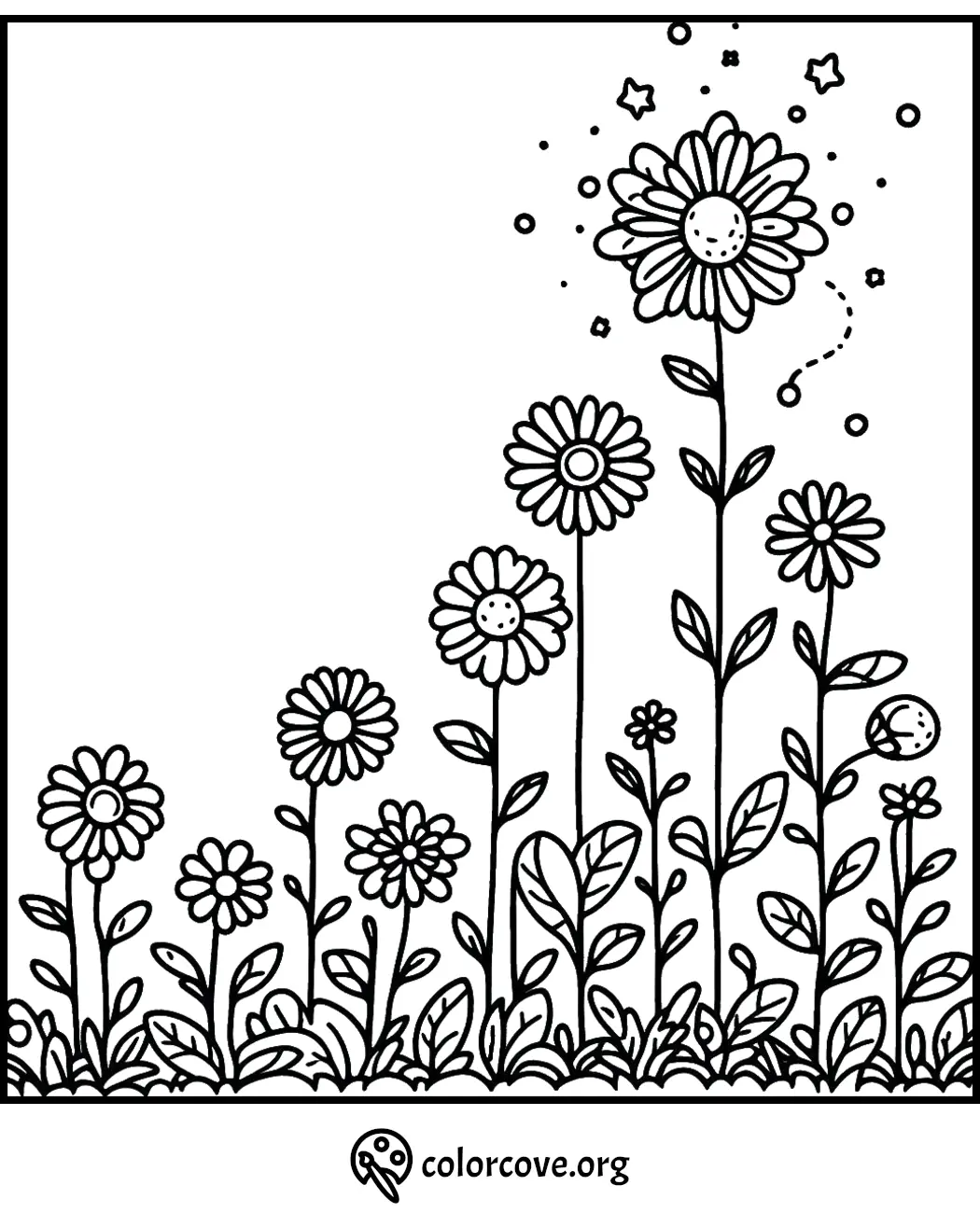 Coloring page with blooming flowers, stars, and swirls. Perfect for kids and adults to color. Visit colorcove.org.