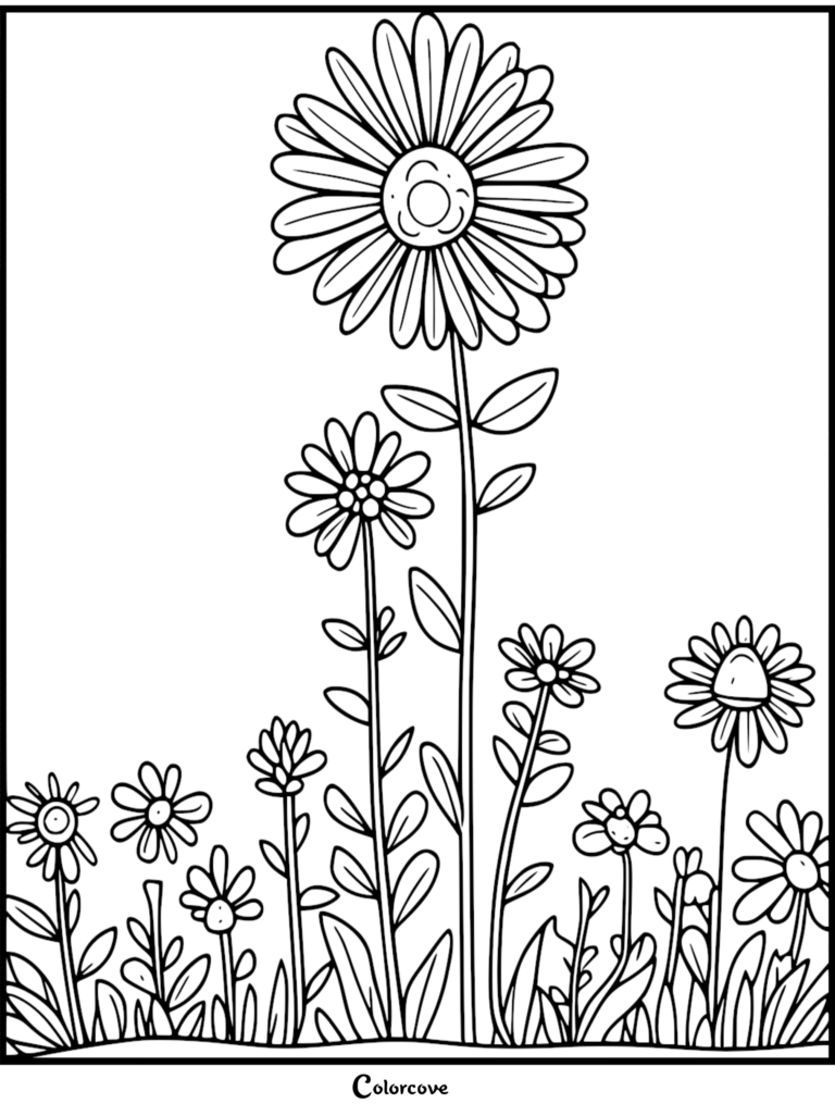 Coloriage de fleur relaxant représentant un champ de diverses fleurs semblables à des marguerites avec de longues tiges et des pétales simples.