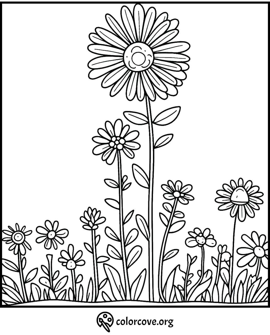 Printable flower coloring page featuring tall and small flowers with leaves, perfect for kids and adults to color.