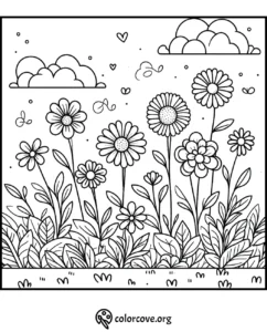 Flower garden coloring page with clouds and butterflies, perfect for kids and adults to enjoy and relax.