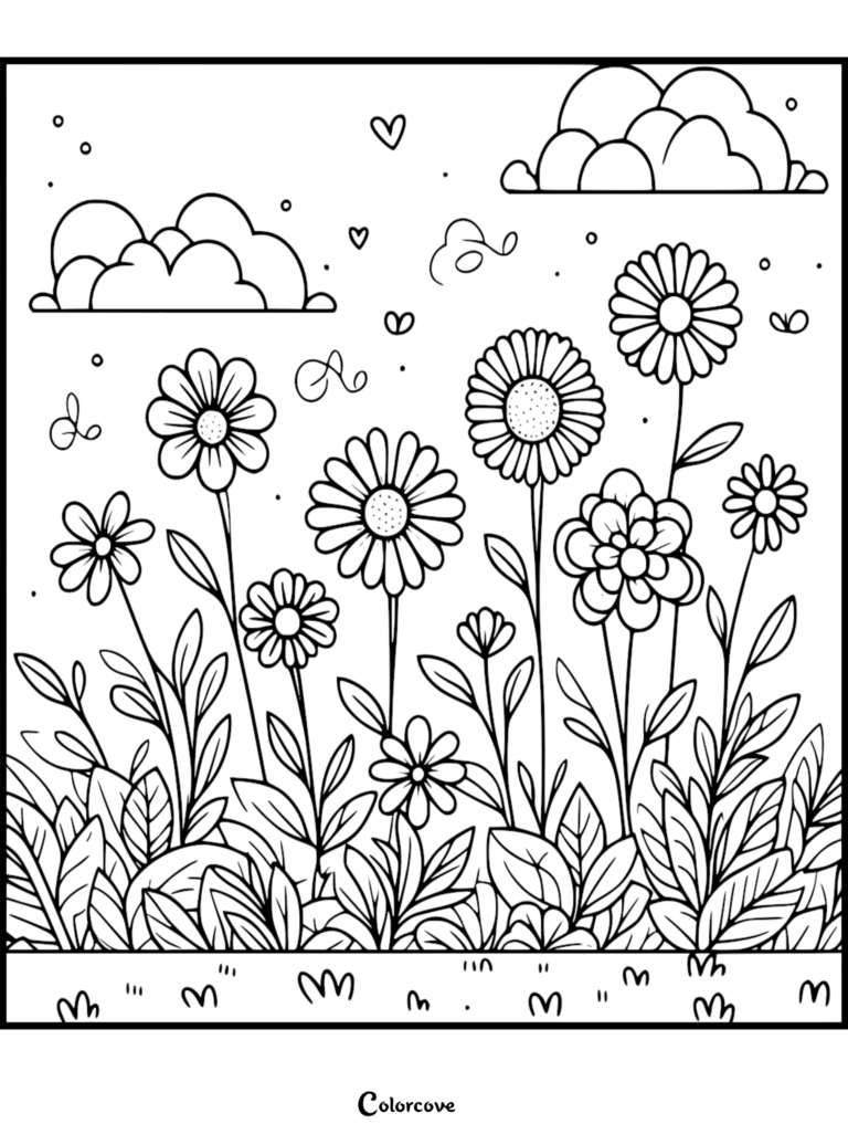 Coloriage de fleur relaxant représentant un champ de marguerites et de fleurs sauvages sous des nuages vaporeux et des cœurs.