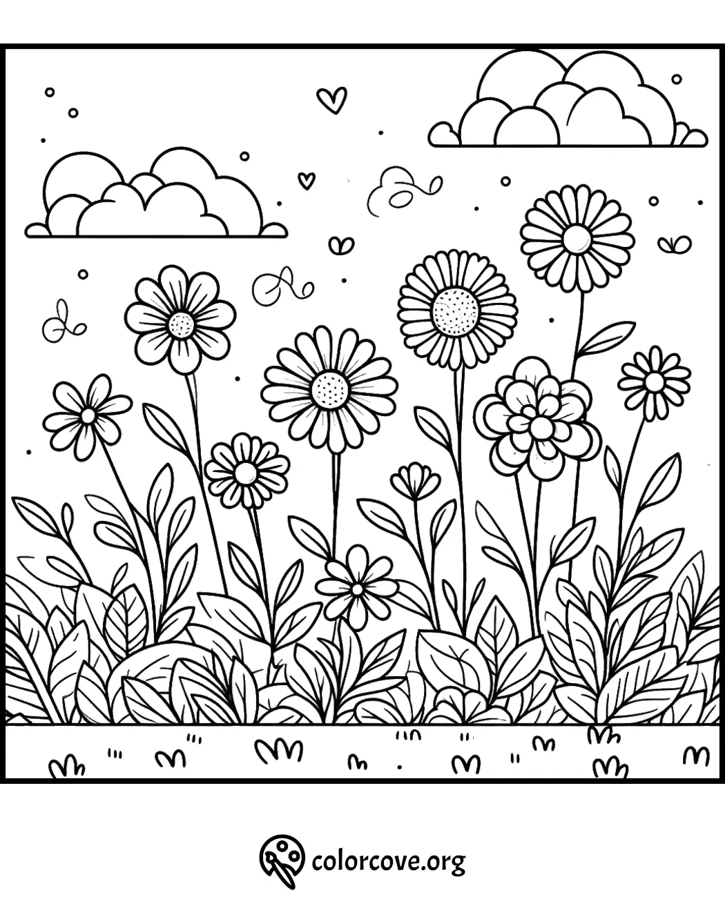 Flower garden coloring page with clouds and butterflies, perfect for kids and adults to enjoy and relax.